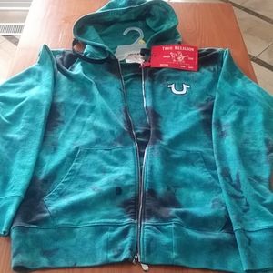 True Religion black turquoise zip up hoodie
